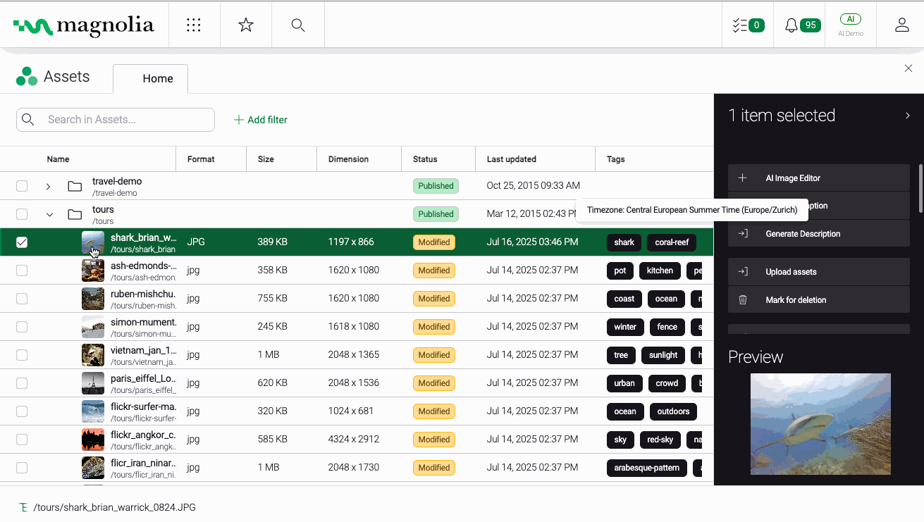 Animation showing the process of generating a caption in English and German for an asset in the Assets app