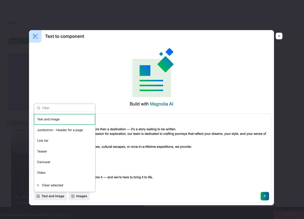 Text to component dialog