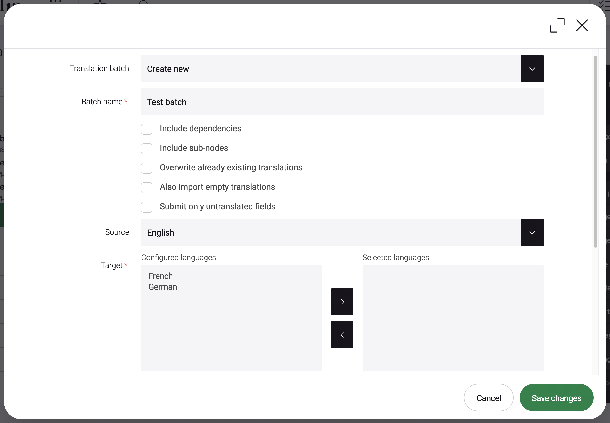 add to translation batch dialog