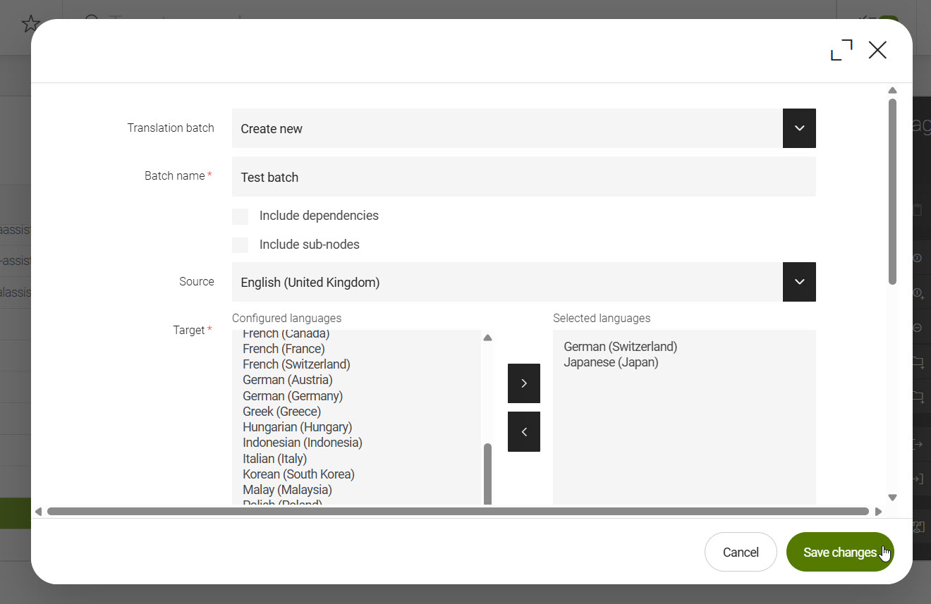add to translation batch dialog