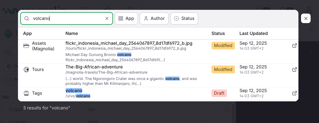 Search results showing tags