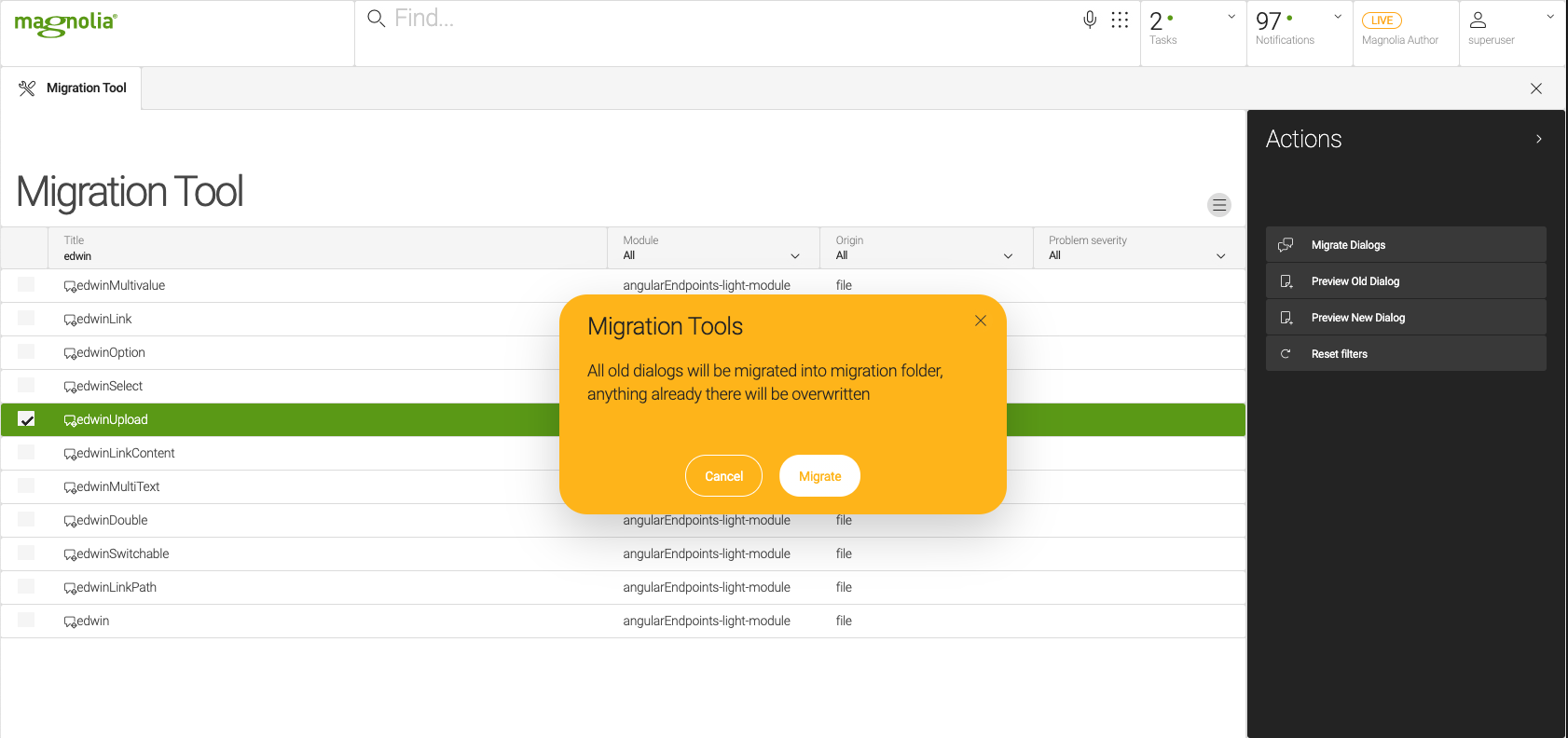 migration dialogs action