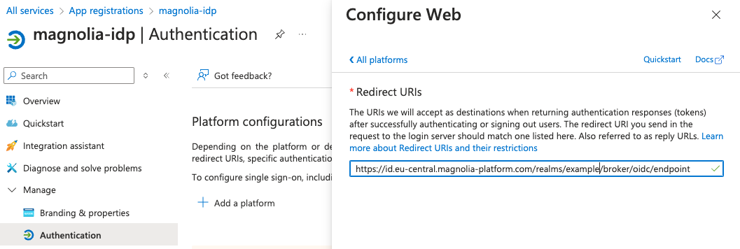 Azure validRedirects