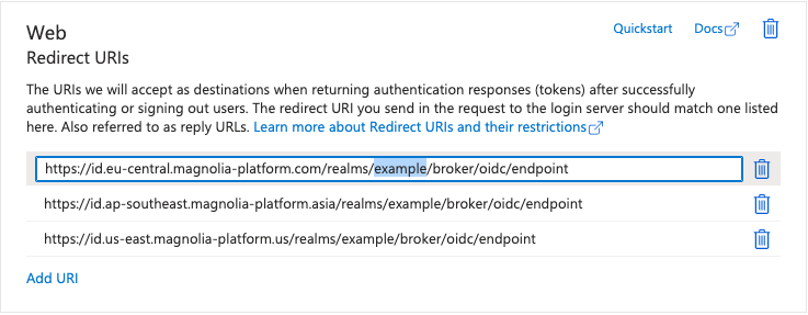 Azure validRedirectsList