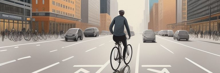 A banner showing a lone cyclist in a city