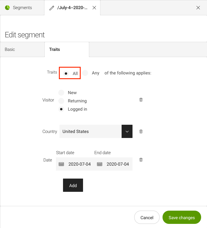 Edit segment, Traits tab