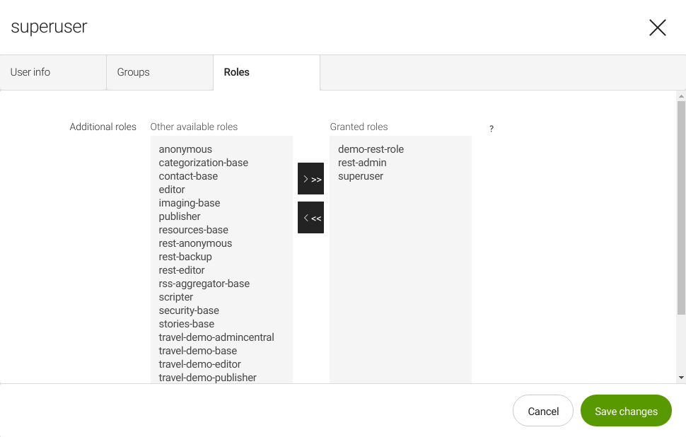 Roles tab with superuser selected