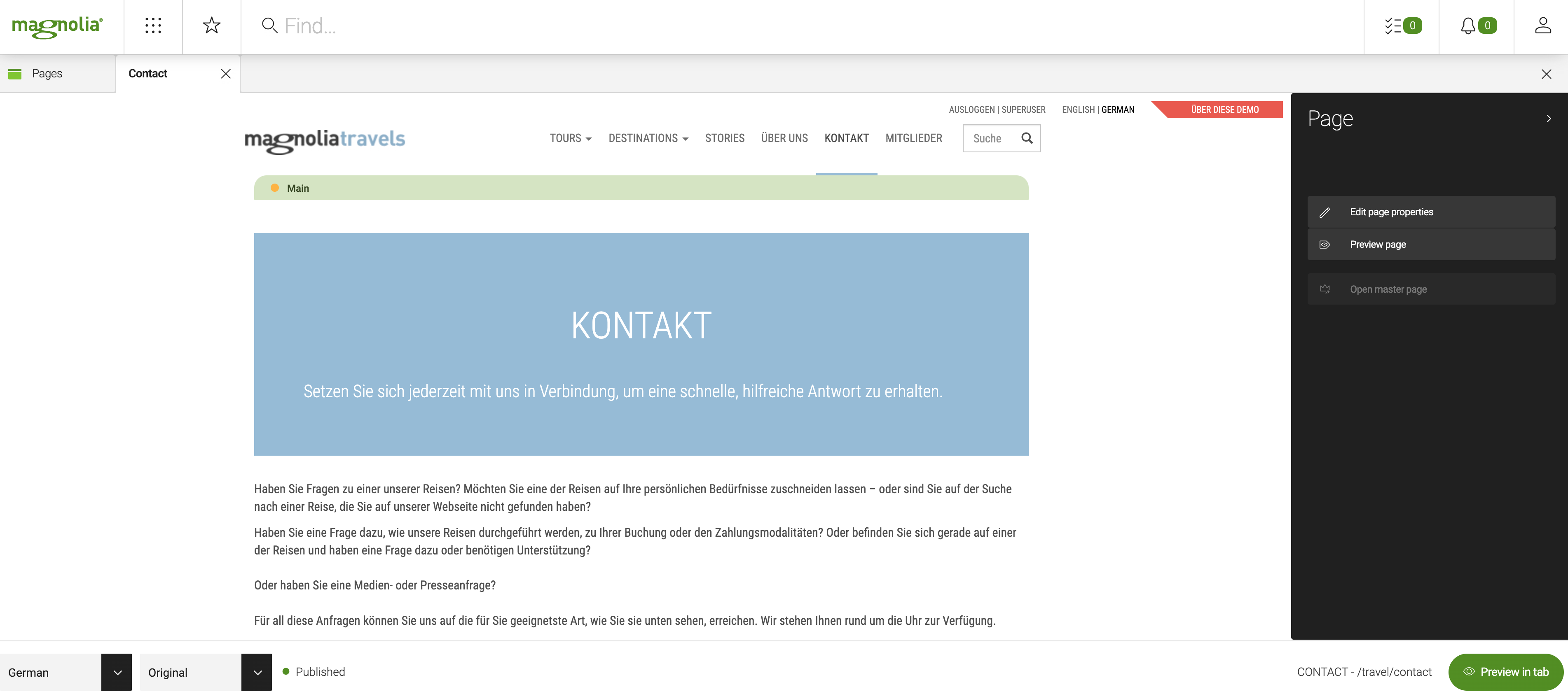 Contact page in German