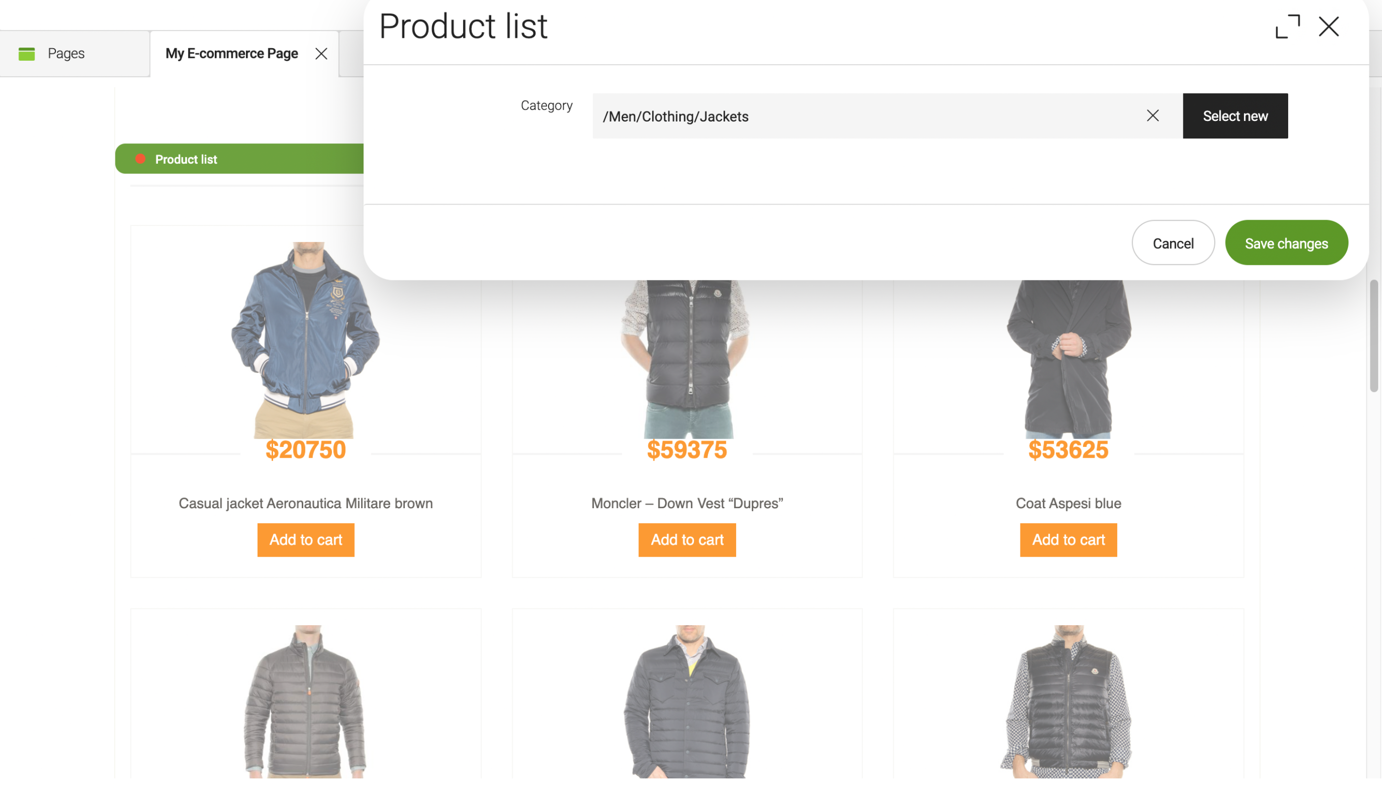 E-commerce product list dialog chooser