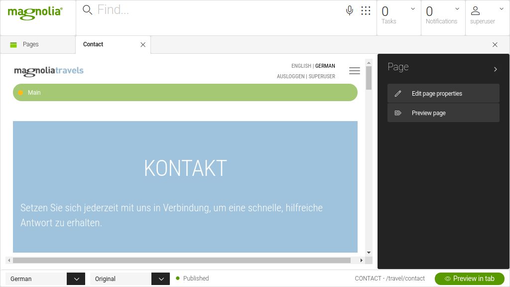 Contact page in German