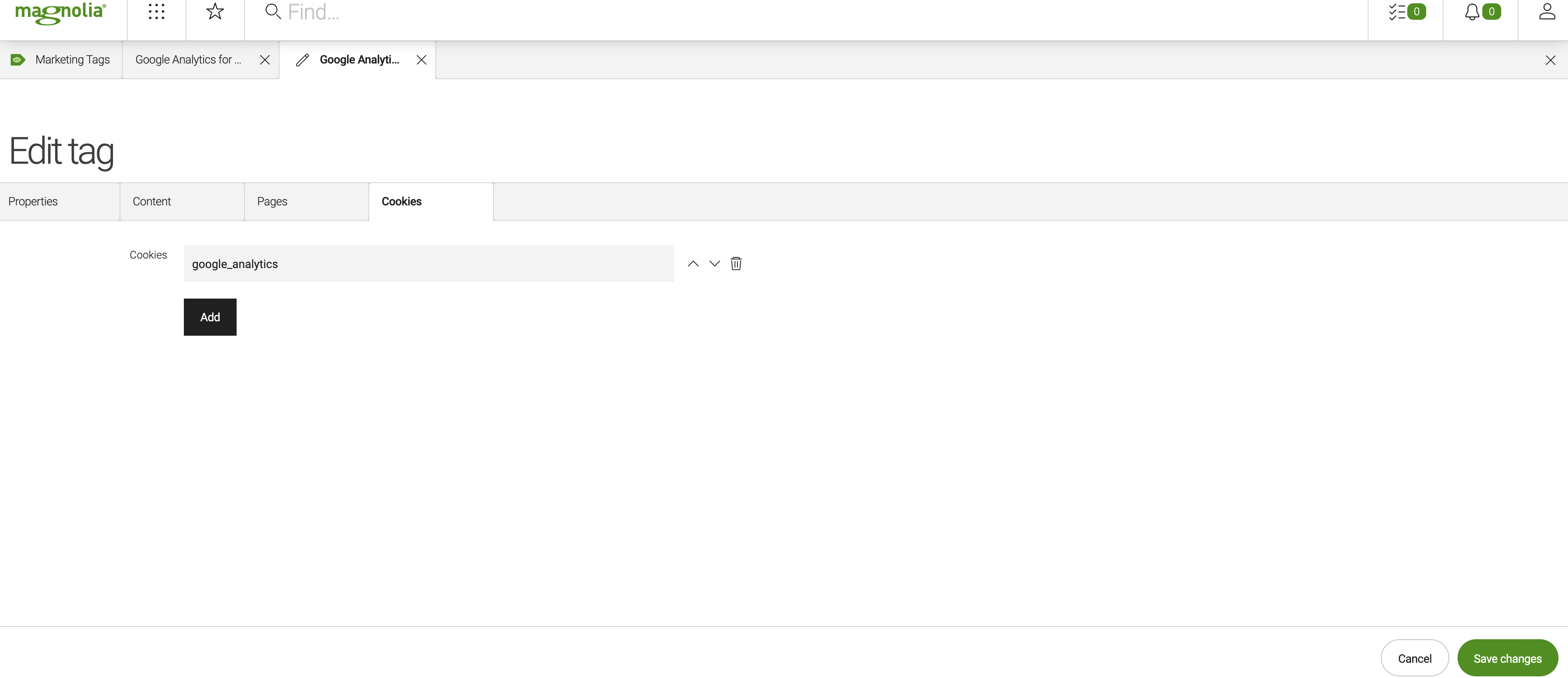 Google Analytics marketing tag tab