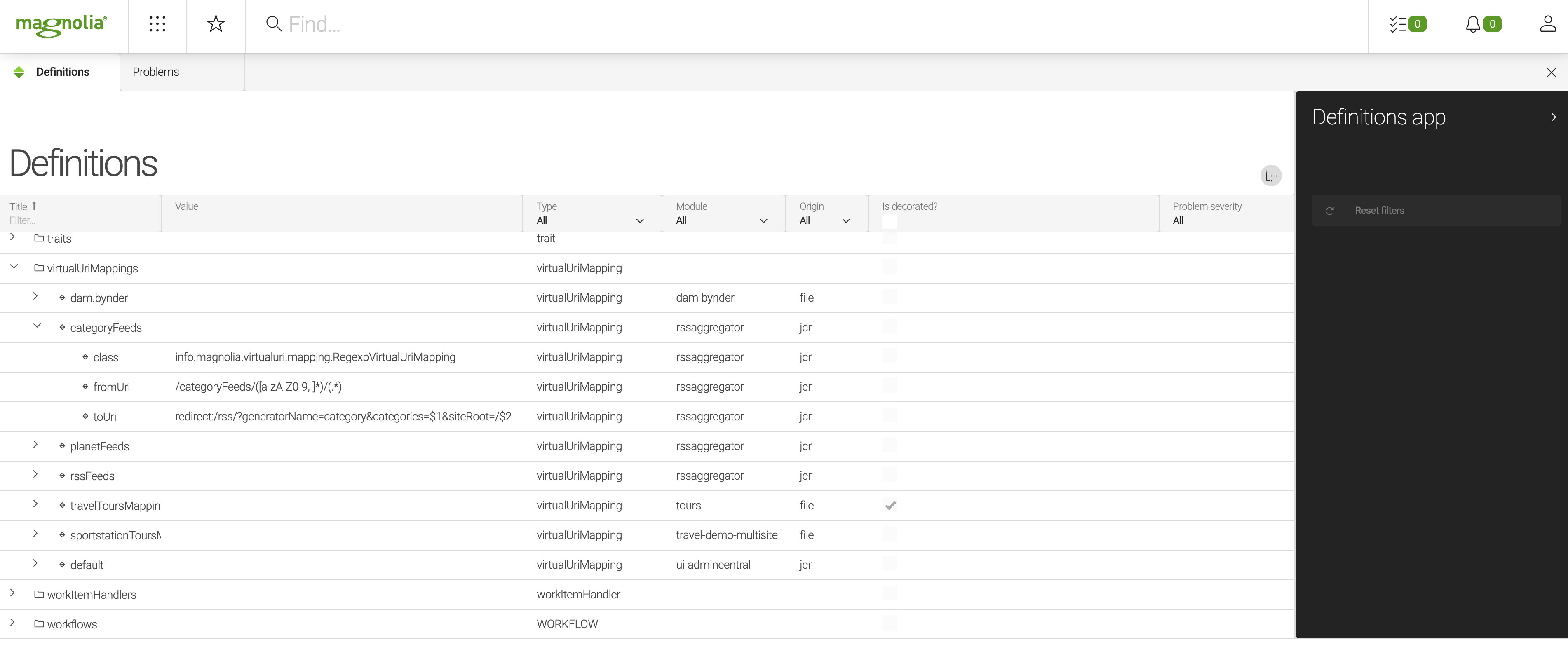 The mappings registry shown in the Definitions app