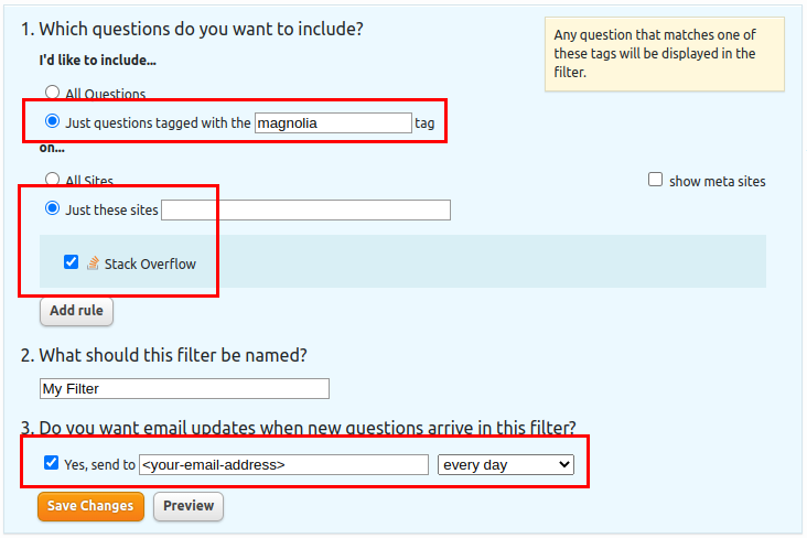 Stack overflow filter dialog to create a subscription to magnolia-tagged questions on <em>Stack Overflow</em>