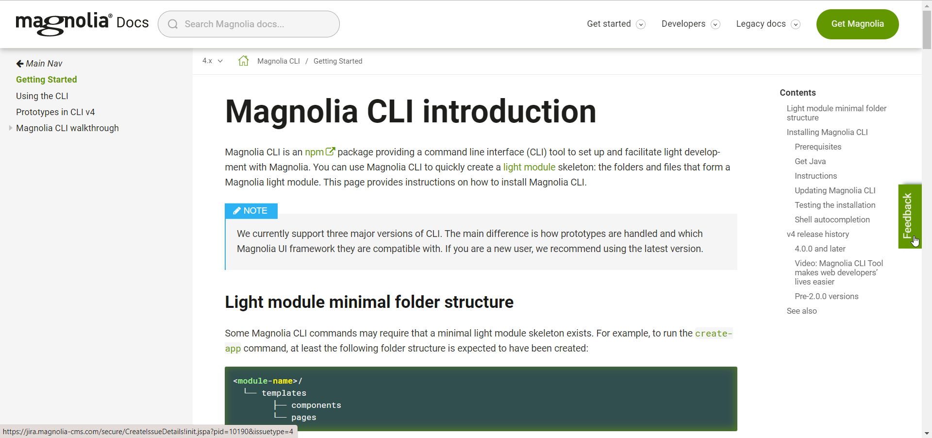 feedback button on Magnolia Documentation website