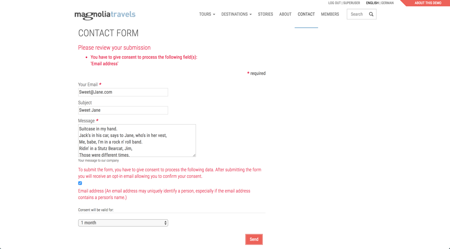 Contact form on Public instance