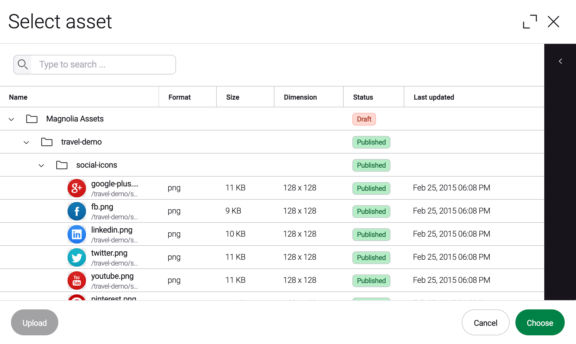 Assets chooser dialog