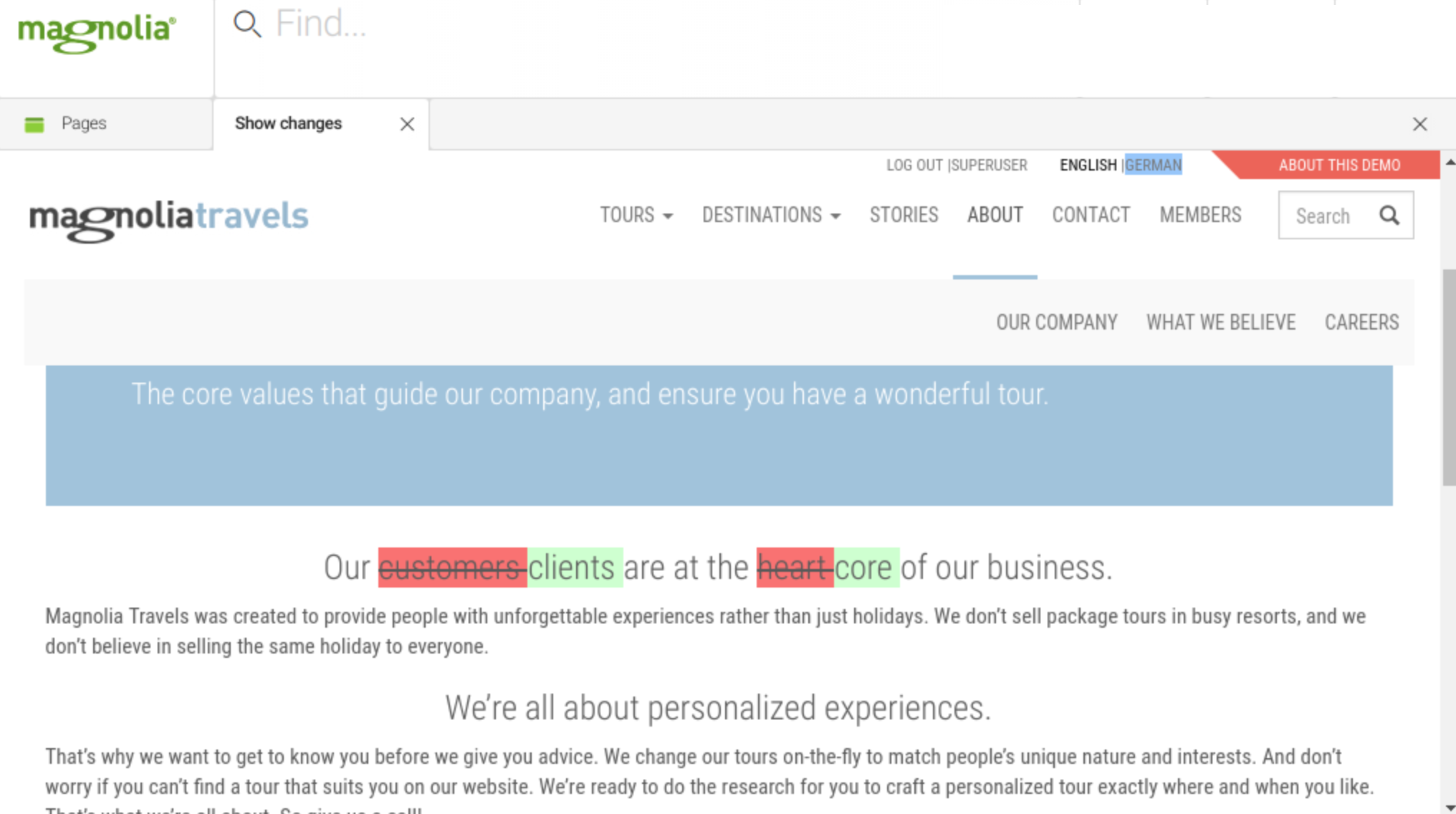 Diff module result in Show changes tab