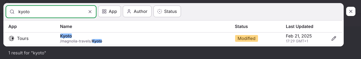 A result shown in the Find Bar popup result list