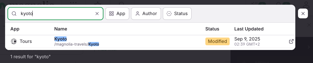 A result shown in the Global Search popup result list