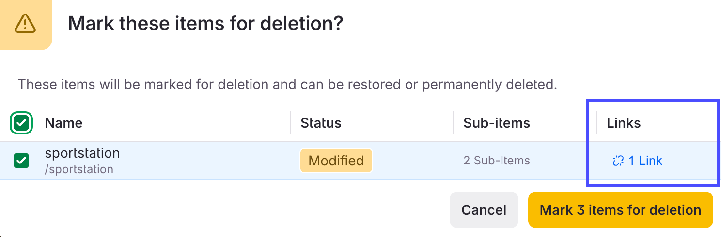 Marking an item for deletion confirmation dialog