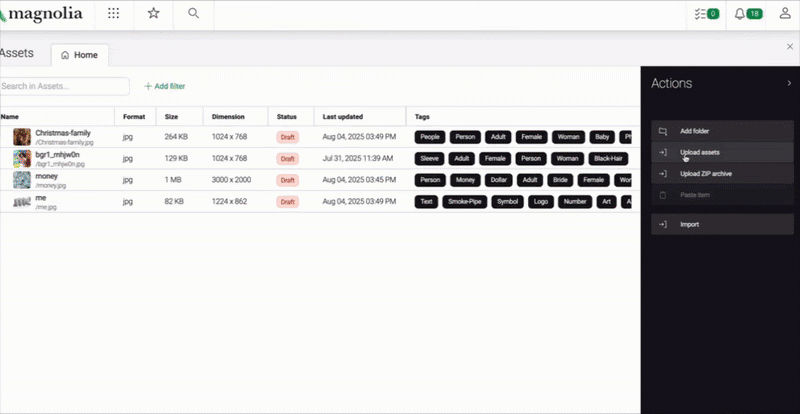 Animation showing the process of generating tags for an asset