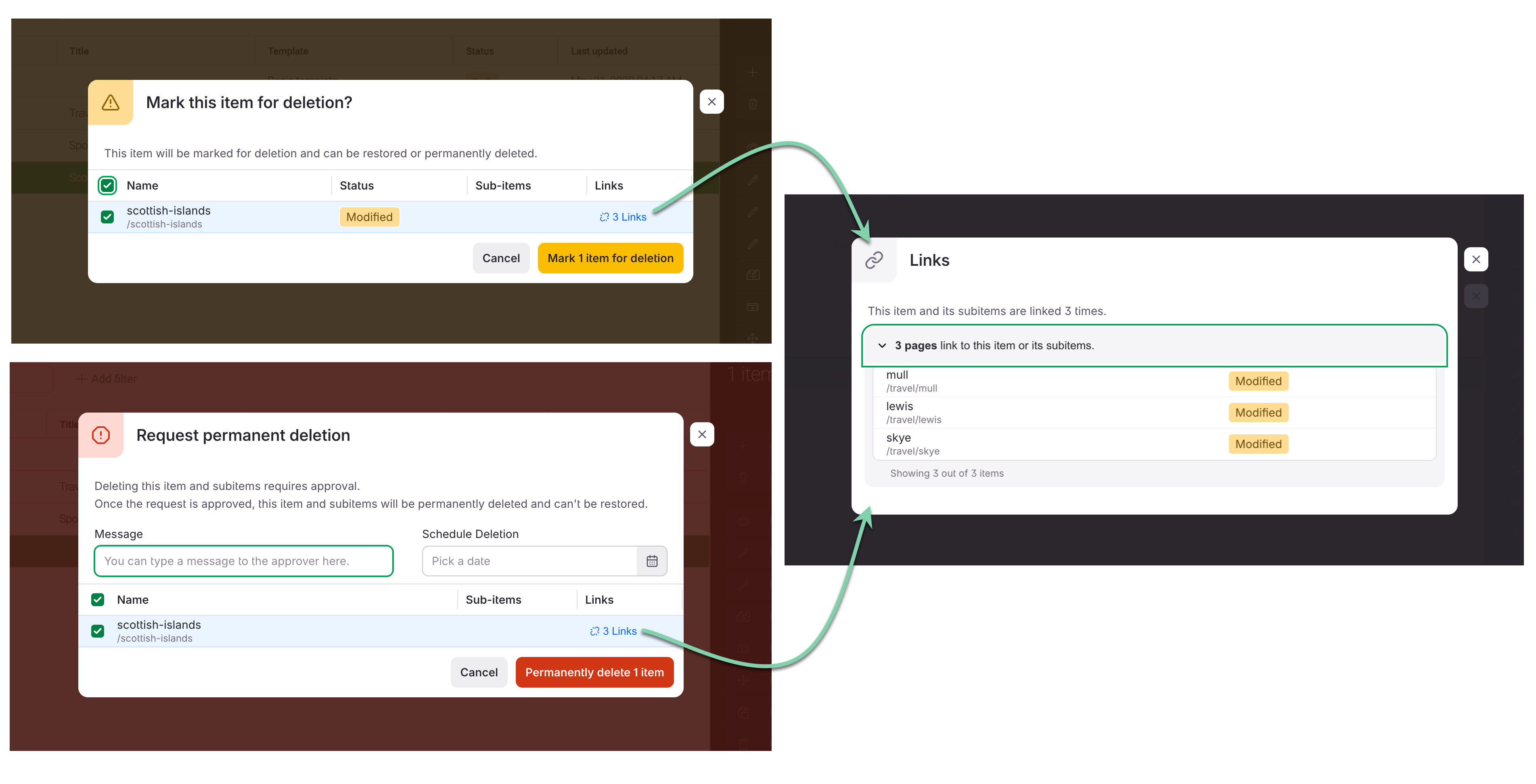 Mark for deletion, Permanently delete and View links dialogs