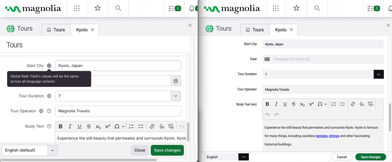 Rendering of fields in forms in the default language (English)